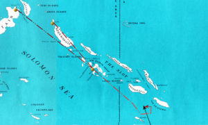 Chart of Japanese air attack (dashed red line) on U.S. Task Force (TF) 18 (solid black line) between Rennell Island and Guadalcanal on the evening of January 29, 1943. (Click on map for larger image and full description.)