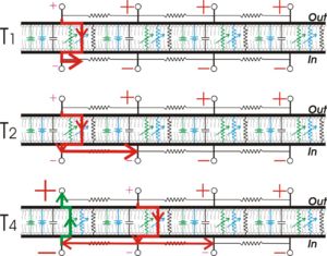 Propagating action potentials can be modeled by joining several RC circuits, each one representing a patch of membrane.