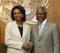 Rice appears with UN Secretary General Annan to announce the successful passage of Resolution 1701, which imposed a ceasefire on the 2006 Israel-Lebanon conflict