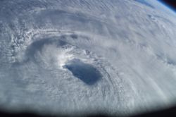 Eye of Category 4 Hurricane Isabel seen from the International Space Station on September 15, 2003