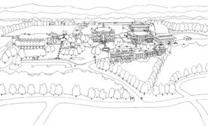 A map of the campus as of 2006, with Forest Road horizontally along the bottom of the map