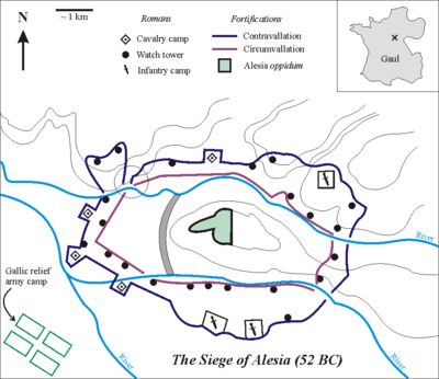 The Fortifications built by Caesar in Alesia according to the hypothesis of the location in Alise-sainte-Reine Inbox: cross shows location of Alesia in Gaul (modern France). The open circle shows the weakness in the contravallation line