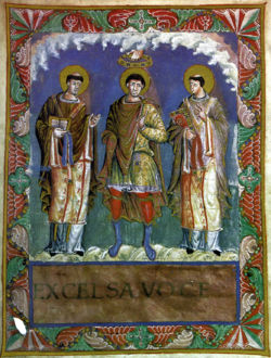 A Frankish king (center), like Charlemagne, depicted in the Sacramentary of Charles the Bald (about 870).