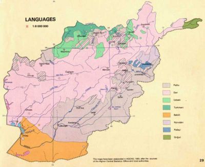 Languages of Afghanistan         ██�50% Dari dialect of Persian         ██�35% Pashto   ██�8% Uzbeki  ██�3% Turkmeni       ██�2% Balochi ������2% other (Nuristani, Pashai, Brahui, Pamiri languages, Hindko, Urdu, Hindi, etc.) 