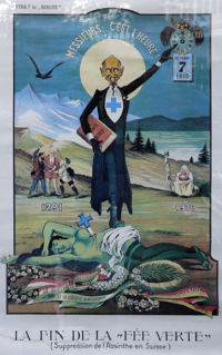 The end of the Green Fairy (1910): Critical poster by Albert Gantner illustrating the absinthe ban in Switzerland.