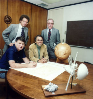 Planetary Society members at the organization's founding.  Carl Sagan is seated to the right.