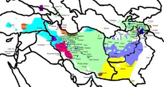 Geographic distribution of the Iranian languages: Persian (green), Pashto (purple) and Kurdish (turquoise), Baloch (Yellow), as well as smaller communities of other Iranian languages