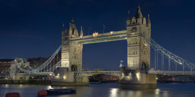 Tower Bridge crosses the River Thames next to the Tower of London. See also: Sequence showing the bridge opening.