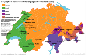 Main languages in Switzerland: ██� German (63.7%)  ██� French (20.4%)  ██� Italian (6.5%)  ██� Romansh (0.5%) 