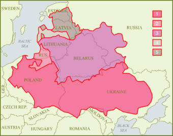 Outline of the Polish-Lithuanian Commonwealth with its major subdivisions as of 1619 superimposed on present-day national borders.Legend: 1 - The Crown (Kingdom of Poland), 2 - Duchy of Prussia - Polish fief, 3 - Grand Duchy of Lithuania, 4 - Duchy of Courland - Livonian fief, 5 - Livonia.