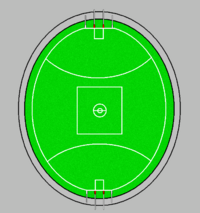 The playing field, which may be 135-185m long and 110-155m wide. The centre square is 50x50.  The curved fifty metre line is 50m away from the goal line. Adjacent goal posts are 6.4 metres apart.