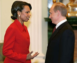 Secretary Rice speaks with Russian President Vladimir Putin during an April 2005 trip to Russia