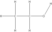 Chemical formula of ethanol, (C is carbon, the dash is a single bond, H is hydrogen, O is oxygen)