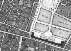 Map of London Wall, Moorgate, Moorfields and Bethlem Royal Hospital from John Rocque's Map of London, dated 1746.