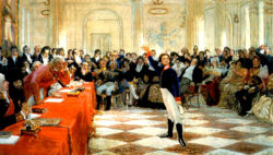 The 16-year old Pushkin recites a poem before Gavrila Derzhavin. Painting by Ilya Repin (1911).