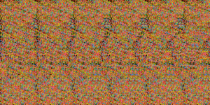 A random dot autostereogram encodes a 3D scene which can be "seen" with proper viewing technique. Click on thumbnail to see full-size image.