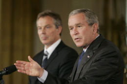 George W. Bush answering a reporter’s question during a joint press conference with Prime Minister Tony Blair in the East Room of the White House, July 28, 2006. White House photo by Paul Morse