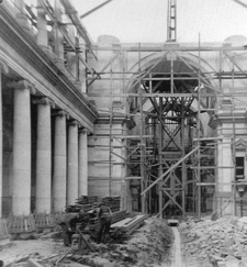 Cathedral of The Blessed Sacrament, Christchurch, under construction.  The nave is lined with Ionic columns.