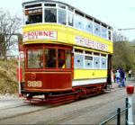 A vintage British tram, preserved at the National Tramway Museum