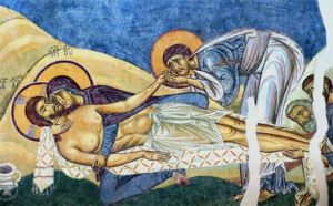 'The Lamentation of Christ' (1164), a fresco from the church of Saint Panteleimon in Nerezi near Skopje, the Republic of Macedonia. It is considered a superb example of 12th century Komnenian art.