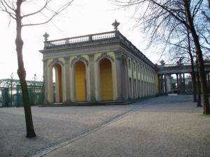 The East Wing. The two service wings, virtually hidden from sight by foliage in the time of Frederick the Great, were remodelled in the 19th century by Frederick William IV, who transformed the palace into a more conventional royal residence for family and court use.