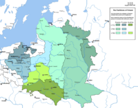 Partitions of Poland, 1795. The colored territories show the greatest extent of the Polish-Lithuanian Commonwealth. Blue (north-west) were taken by Kingdom of Prussia, green (south) by Austria-Hungary, and cyan (east) by Imperial Russia.