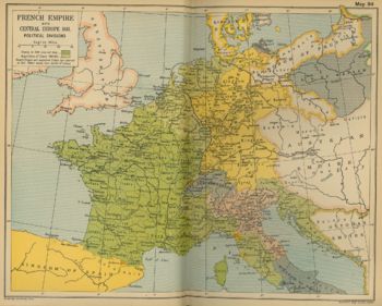 The French Empire in Europe in 1811, near its peak extent. Dark and light green areas indicate the French Empire and its territories; blue, pink and yellow areas indicate French client and satellite states.