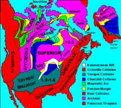 North America cratons and basement rock, showing the formation of the primordial Midcontinent Rift containing today's Lake Superior.