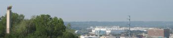 The American Hereford Association bull and Kemper Arena and the Kansas City Live Stock Exchange Building in the former Kansas City Stockyard of the West Bottoms as seen from Quality Hill