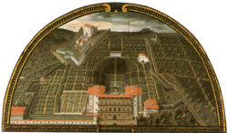 A lunette painted in 1599 by Giusto Utens, depicts the palazzo before its extensions, with the amphitheatre and the Boboli Gardens behind. The red stone excavated from the site was used in extensions to the palazzo.