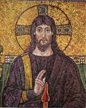 In the 6th-century mosaic in Ravenna Jesus is portrayed as a Greco-Roman priest and king - the Pantokrator enthroned, donning regal Tyrian purple, gesturing a sign of the cross, with a sun cross halo behind his head.  Though depictions of Jesus are culturally important, no undisputed record exists of his actual appearance.