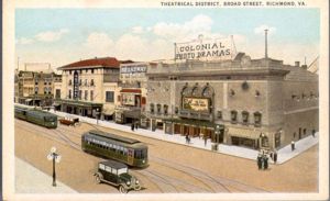 A historic postcard showing electric trolley-powered streetcars in Richmond, Virginia, where Frank J. Sprague successfully demonstrated his new system on the hills in 1888. The intersection shown is at 8th & Broad Streets.