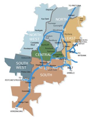 A map of Johannesburg indicating regions and freeways.