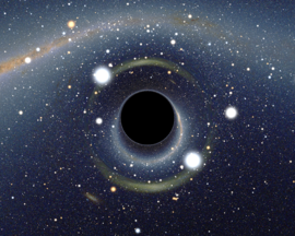 Gravitational distortions caused by a black hole in front of the Large Magellanic Cloud (artistic interpretation)