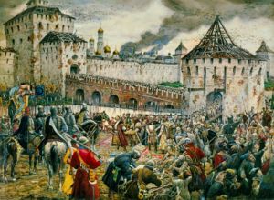 The Poles surrender the Moscow Kremlin to Prince Pozharsky in 1612. Painting by Ernest Lissner.