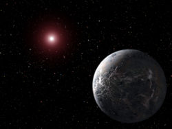 Artist's impression of the  planet OGLE-2005-BLG-390Lb (with surface temperature of −220°C), orbiting its star 20,000 light years (117.5 quadrillion miles) from Earth; this planet was discovered with gravitational microlensing.