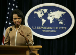 Rice delivers a special briefing on Middle East Peace in the State Department Briefing Room, July 21, 2006