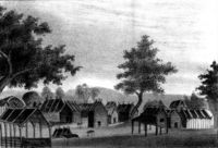 "An Indian town, residence of a chief," from Lithographs of Events in the Seminole War in Florida in 1835, published by Gray and James in 1837.