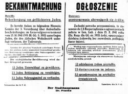 NOTICE Concerning:  the Sheltering of Escaping Jews.  ....There is a need for a reminder, that in accordance with paragraph 3 of the decree of October 15, 1941, on the Limitation of Residence in General Government (page 595 of the GG Register) Jews leaving the Jewish Quarter without permission will incur the death penalty.         ....According to this decree, those knowingly helping these Jews by providing shelter, supplying food, or selling them foodstuffs are also subject to the death penalty  ....This is a categorical warning to the non-Jewish population against:  .........1) Providing shelter to Jews,  .........2) Supplying them with Food, .........3) Selling them Foodstuffs.  Dr. Franke - Town Commander - Częstochowa 9/24/42