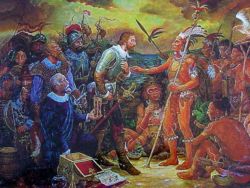 Cacique Agüeybaná greeting Juan Ponce de León