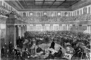 The Senate has the power to try impeachments. Shown above is the impeachment trial of President Andrew Johnson.