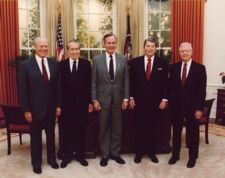 Left to right:  Former Presidents Ford, Richard Nixon, then President George H.W. Bush and former Presidents Ronald Reagan and Jimmy Carter at the dedication of the Reagan Presidential Library in 1991