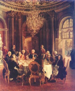 Die Tafelrunde by Adolph von Menzel. The oval domed, "Marble Hall" is the principal reception room of the palace. On the left side, in the purple coat, sits Voltaire, the other guests are members of the Prussian Academy of Sciences