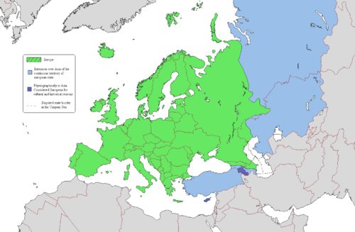 Territories of Europe (also see transcontinental nation): ██�Europe ██�Extension into Asia of the continuous territory of a European state ██�Armenia and Cyprus, geographically in Asia, member of the Council of Europe.