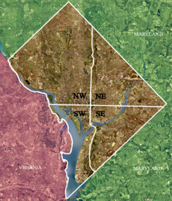 Washington, D.C. is divided into four quadrants: Northwest, Northeast, Southeast, and Southwest. The axes bounding the quadrants radiate from the U.S. Capitol building.