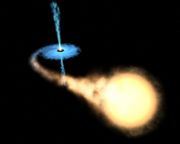 An artist's impression of a black hole with a closely orbiting companion star that exceeds its Roche limit. In-falling matter forms an accretion disk, with some of the matter being ejected in highly energetic polar jets.