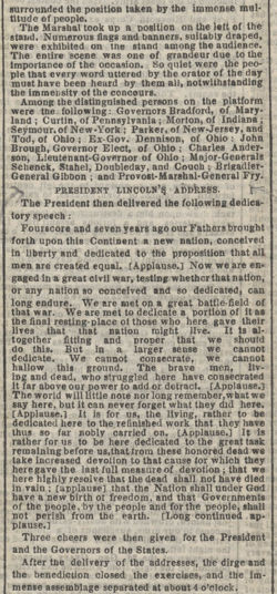 The New York Times article from November 20, 1863, indicates Lincoln's speech was interrupted five times by applause and was followed by "long continued applause."