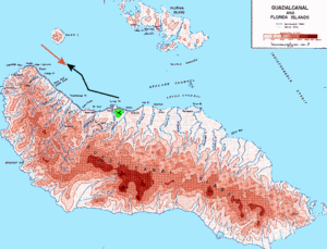 Approximate routes of Japanese force under Abe (red line) and U.S. force under Callaghan (black line) as they head towards each other early on November 13, 1942 in Ironbottom Sound between Savo Island, Cape Esperance, and Lunga Point on Guadalcanal.  The green area near Lunga Point on Guadalcanal marks the location of Henderson Field.