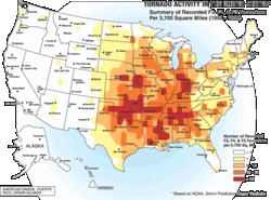 Intense tornado activity in the United States.  The darker-colored areas denote the area commonly referred to as Tornado Alley.