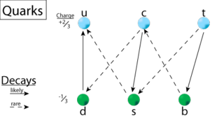 These are the 6 quarks and their most likely decay modes. Mass decreases moving from right to left.